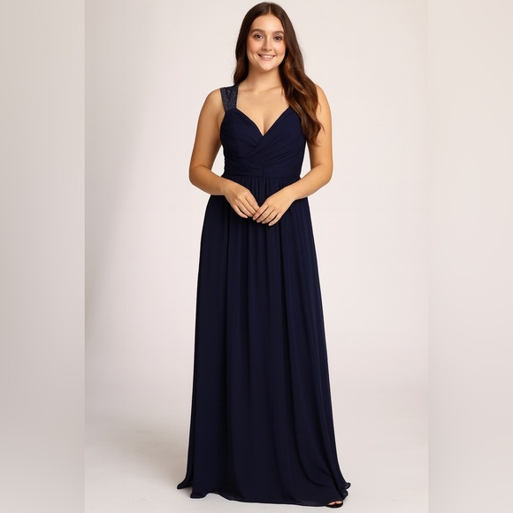 Night Way Collections Ruched Blue Sleeveless Gown - Picture 1 of 5